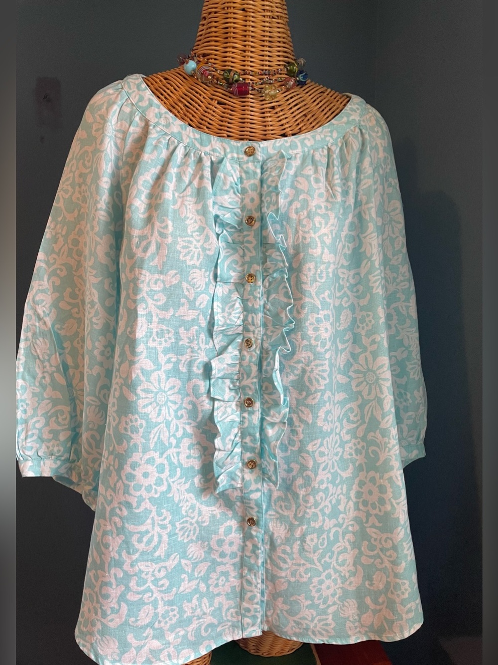 Charter Club Woman 100% Linen Button Up Ruffle Top Blue White Floral Pattern 0X